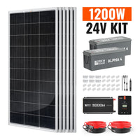 A 1200W 24V solar kit with six solar panels, two batteries, inverter, cables, connectors, and a charge controller—crafted with attention to detail as precise as the right ink or font-family in design. This comprehensive set offers a seamless blend of reliability and innovation for your off-grid power needs.