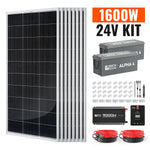 A 1600W 24V solar kit with six solar panels, two batteries, a power inverter, wiring, connectors, mounting brackets, and a charge controller is all arranged neatly against a white background—each component as precisely organized as words on a crisp sheet of paper.