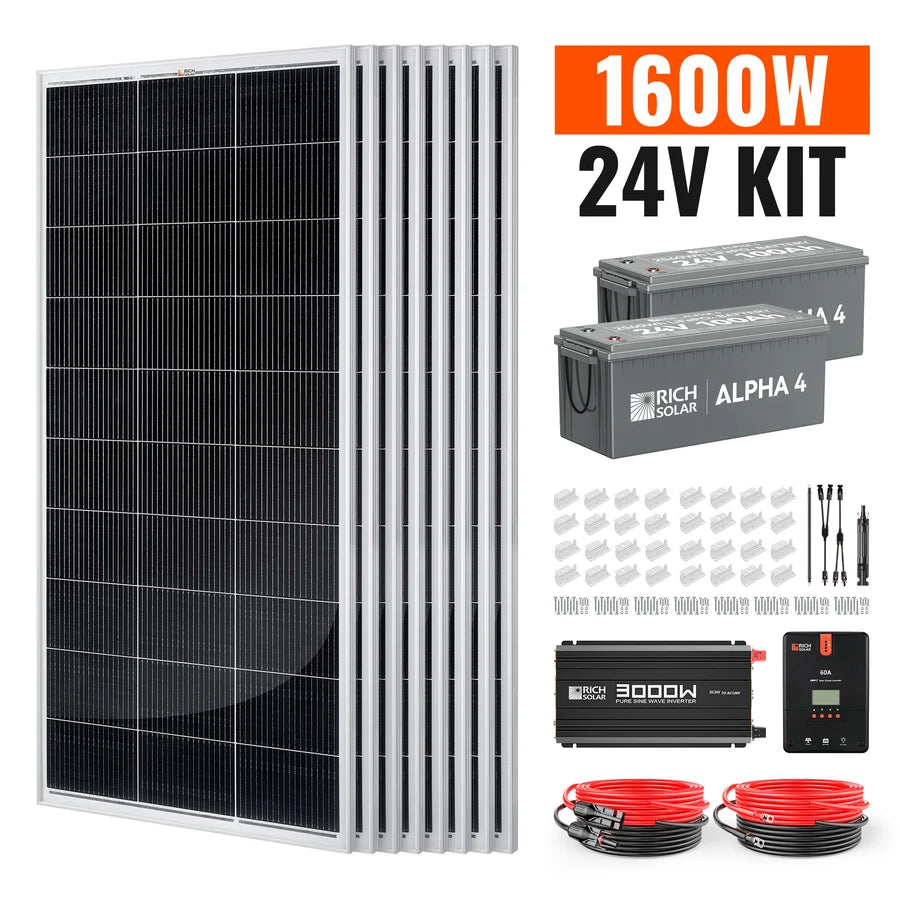 A 1600W 24V solar kit with six solar panels, two batteries, a power inverter, wiring, connectors, mounting brackets, and a charge controller is all arranged neatly against a white background—each component as precisely organized as words on a crisp sheet of paper.