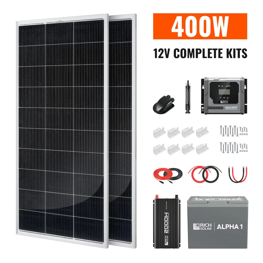 Two large solar panels with cables, connectors, charge controller, inverter, and a battery are neatly arranged with a modern box shadow effect for visual depth. Text: 400W 12V COMPLETE KITS. Components are laid out on a white background, highlighting clean lines and a professional font family style.