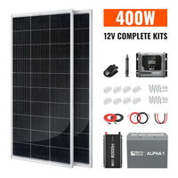 Two large solar panels with cables, connectors, charge controller, inverter, and a battery are neatly arranged with a modern box shadow effect for visual depth. Text: 400W 12V COMPLETE KITS. Components are laid out on a white background, highlighting clean lines and a professional font family style.