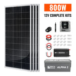 Four solar panels, a control unit, cables, connectors, a charge controller, and a battery are shown next to text reading “800W, 12V Complete Kits.” The clean layout is complemented by the use of Manrope font and CSS variables for consistent styling throughout.