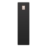 Rectangular black heater panel with rounded corners, mounting holes at each corner, and a small white and orange instruction label centered near the top. Designed with a modern aesthetic that pairs seamlessly with minimalist spaces, its sleek appearance echoes the clean lines of Manrope font.