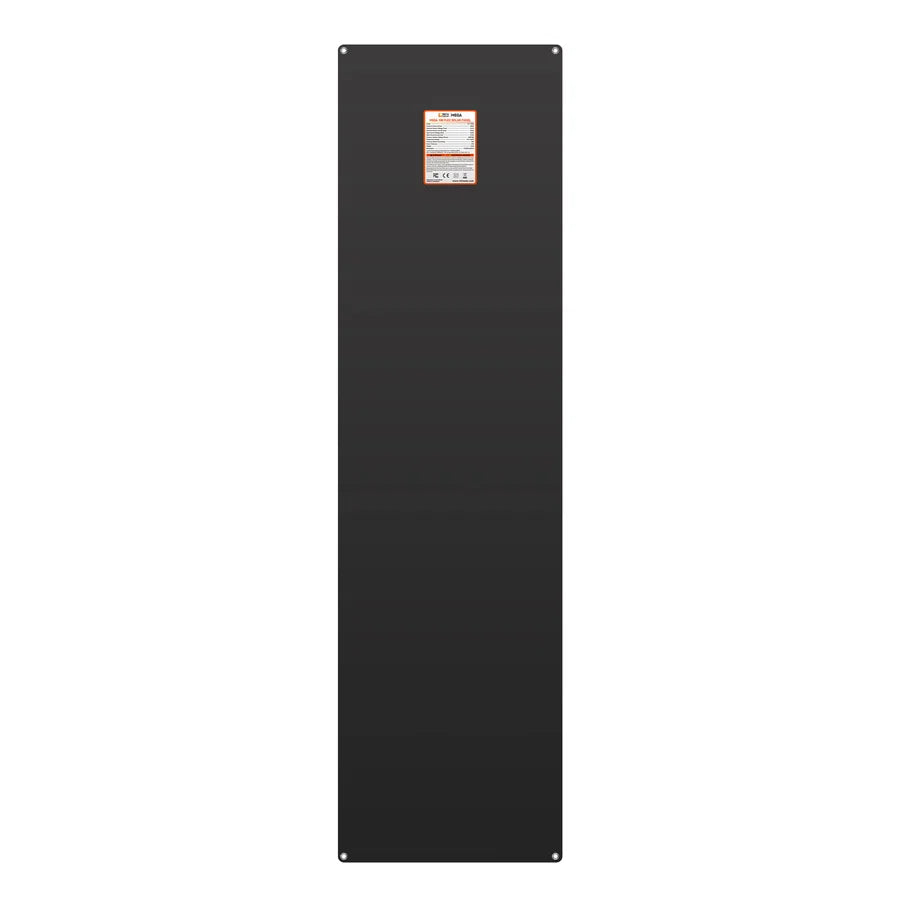 Rectangular black heater panel with rounded corners, mounting holes at each corner, and a small white and orange instruction label centered near the top. Designed with a modern aesthetic that pairs seamlessly with minimalist spaces, its sleek appearance echoes the clean lines of Manrope font.