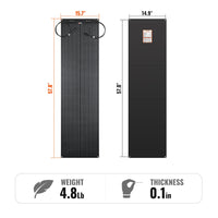 Two black rectangular solar panels, each about 58 by 15 inches, with one showing wired connectors. Text below states: weight 4.8 lb, thickness 0.1 in. The display uses the Manrope font for clear readability and is styled using CSS variables for effortless customization.