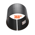 A flexible black solar panel rolled into a cylinder, showing 360° in orange text at the center with measurement markings along the edge, styled with Manrope font for a modern look.