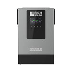 Front view of a gray and black Rich Solar Nova Max 3K off-grid inverter with a digital display, LED indicators, and control buttons. This product description does not appear to contain meaningful product information beyond its visual features.