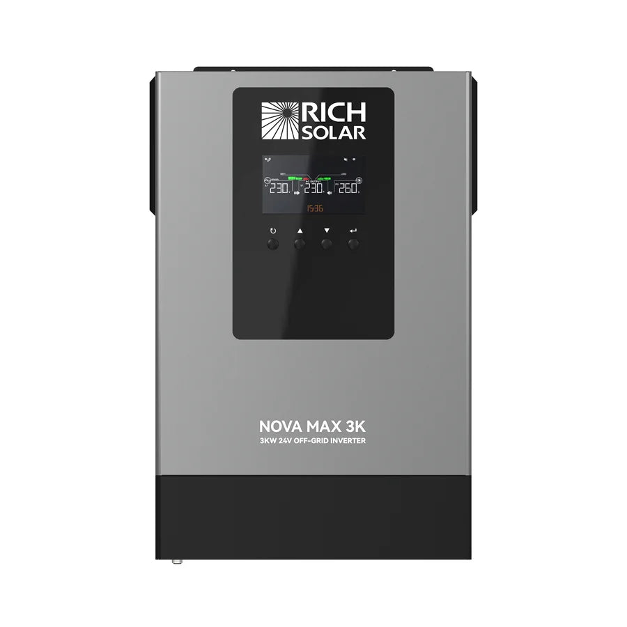 Front view of a gray and black Rich Solar Nova Max 3K off-grid inverter with a digital display, LED indicators, and control buttons. This product description does not appear to contain meaningful product information beyond its visual features.