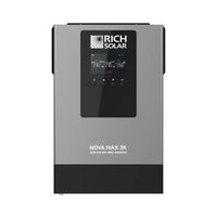 Front view of a gray and black Rich Solar Nova Max 3K off-grid inverter with a digital display, LED indicators, and control buttons. This product description does not appear to contain meaningful product information beyond its visual features.