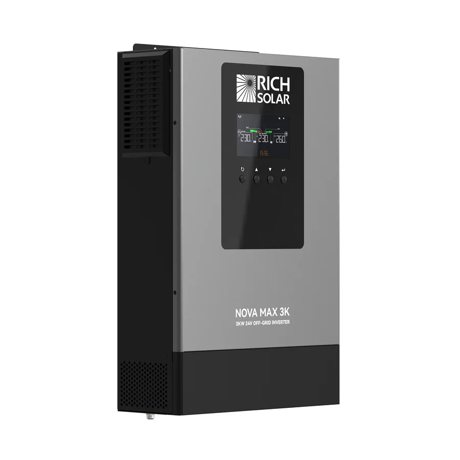 A RICH SOLAR NOVA MAX 3K off-grid inverter with a digital display and control buttons, mounted vertically against a white background. Only CSS code is relevant to this content, as this product description does not appear to contain meaningful product information.