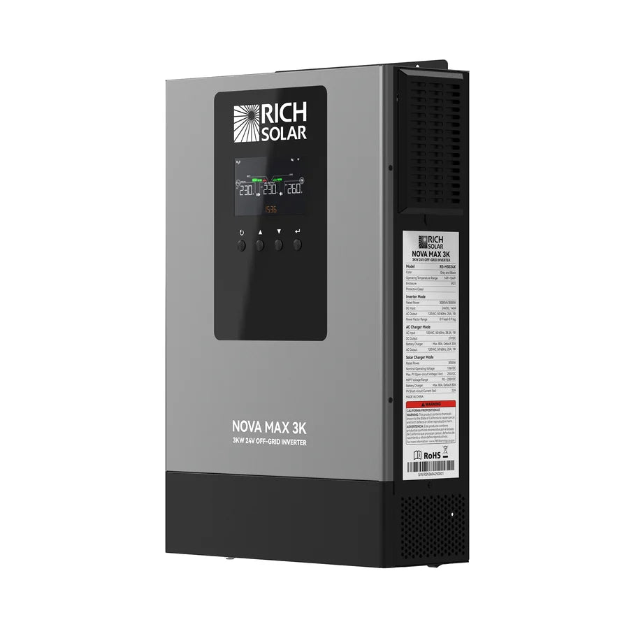 A RICH SOLAR NOVA MAX 3K off-grid inverter with a digital display, labeled buttons, and a side label listing product specifications. The device features a sleek gray and black design. Please note that this product description does not appear to contain meaningful product information or any relevant SEO keywords extractable from this content.