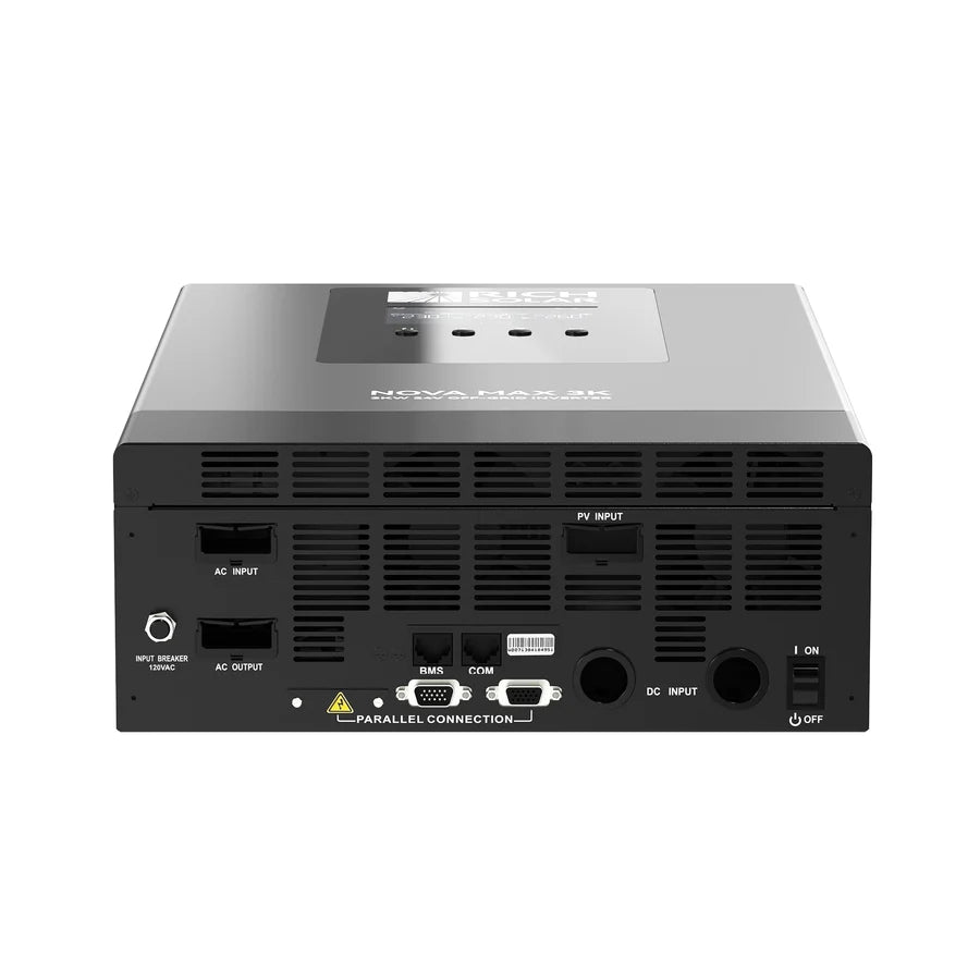 Black electronic device with various input and output ports, including AC input, AC output, PV input, DC input, ON/OFF switch, and communication ports, viewed from the back. Labels and ventilation slots visible. There are no relevant SEO keywords extractable from this content; therefore, this product description does not appear to contain meaningful product information.