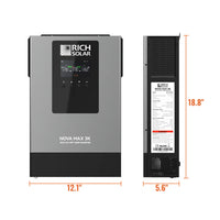 Front and side views of a gray Rich Solar NOVA MAX 3K inverter, with dimensions labeled: 12.1 inches wide, 18.8 inches tall, and 5.6 inches deep. This product description does not appear to contain meaningful product information—only CSS code is present; therefore, there are no relevant SEO keywords extractable from this content.