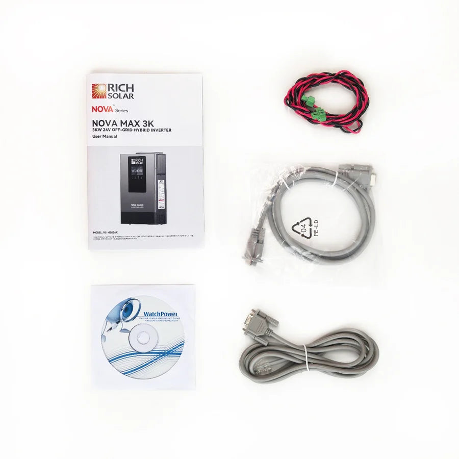 A NOVA MAX 3K inverter manual, two coiled cables, a disc labeled WatchPower, and a USB-to-serial adapter cable are arranged neatly on a white background. This product description does not appear to contain meaningful product information—only the components are visually presented without detailed specifications or features.