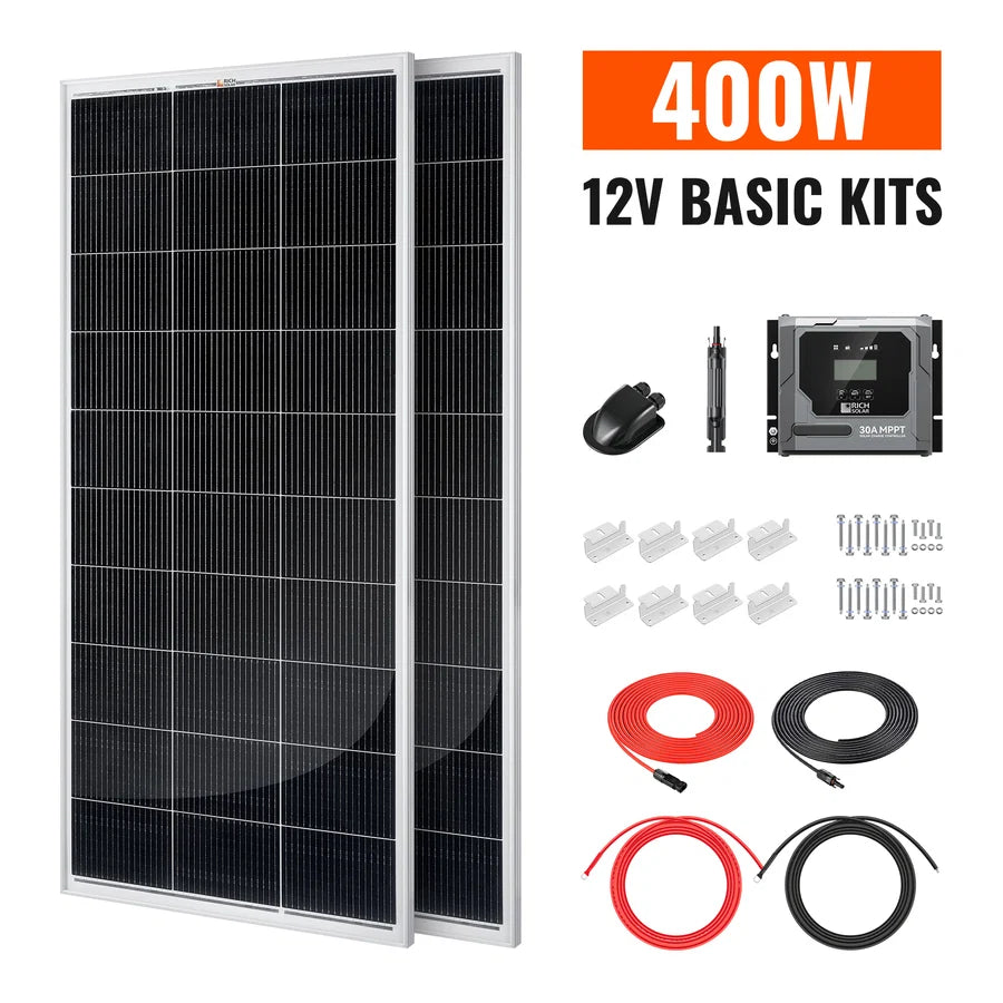 Two black solar panels are displayed with a kit containing cables, a charge controller, connectors, screws, and other essential hardware. The text “400W 12V Basic Kits” appears in bold orange and black letters, styled to stand out in modern typefaces such as Manrope font from Google Fonts.