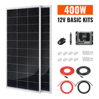 Two black solar panels are displayed with a kit containing cables, a charge controller, connectors, screws, and other essential hardware. The text “400W 12V Basic Kits” appears in bold orange and black letters, styled to stand out in modern typefaces such as Manrope font from Google Fonts.