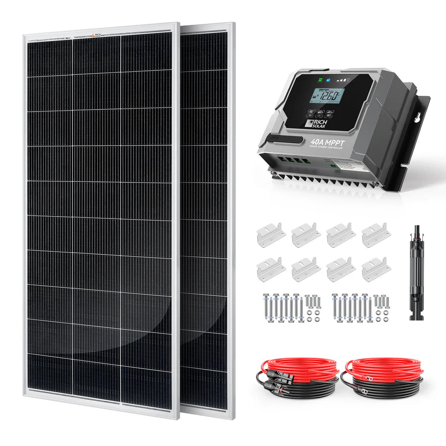 Two large Rich Solar monocrystalline panels, an MPPT charge controller, mounting brackets, screws, and coiled red and black cables with connectors are all neatly arranged on a white background.