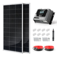 Two large Rich Solar monocrystalline panels, an MPPT charge controller, mounting brackets, screws, and coiled red and black cables with connectors are all neatly arranged on a white background.