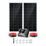 The Rich Solar kit features two large monocrystalline solar panels, an MPPT charge controller, red and black solar cables, mounting brackets, screws, and a connector—all neatly arranged on a white background.