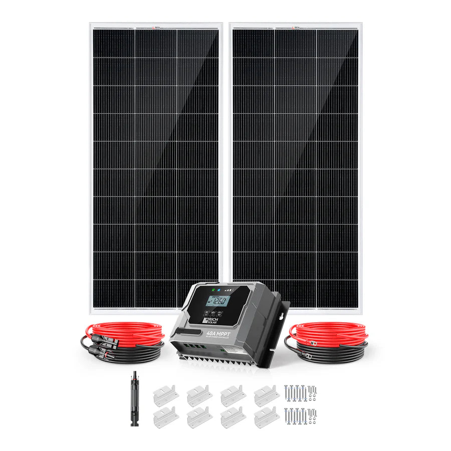 The Rich Solar kit features two large monocrystalline solar panels, an MPPT charge controller, red and black solar cables, mounting brackets, screws, and a connector—all neatly arranged on a white background.
