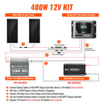 Diagram of a Rich Solar 400W 12V solar kit setup, featuring labeled components: two monocrystalline panels, a 40A MPPT charge controller, 12V battery, inverter, fuses, and detailed cable wiring instructions for system connection.