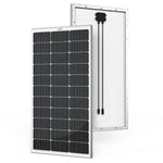 Two rectangular solar panels, one facing forward showing black photovoltaic cells, and the other facing backward displaying white backing and attached wiring. Both have silver frames with a subtle border radius for a modern touch and appear upright against a white background.
