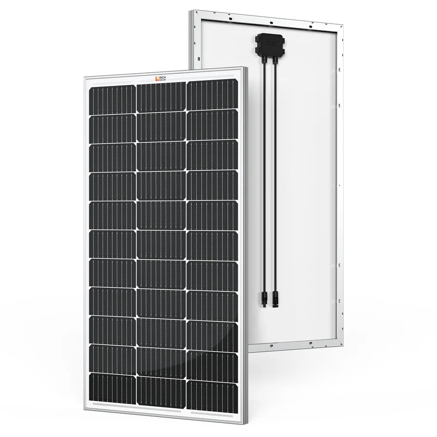 Two rectangular solar panels, one facing forward showing black photovoltaic cells, and the other facing backward displaying white backing and attached wiring. Both have silver frames with a subtle border radius for a modern touch and appear upright against a white background.