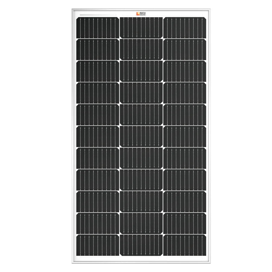 Rectangular solar panel with a white frame, featuring an array of dark, rectangular photovoltaic cells arranged in a grid pattern. The sleek design evokes the clean lines of CSS variables styling, while the crisp appearance mirrors the clarity often achieved with border radius techniques. The panel is photographed against a white background.
