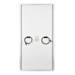 Back view of a rectangular solar panel with a white surface, two black cables coiled and attached, and an orange label in the center. The thin silver frame creates a sleek border-radius effect around the panel, enhancing its modern appearance.