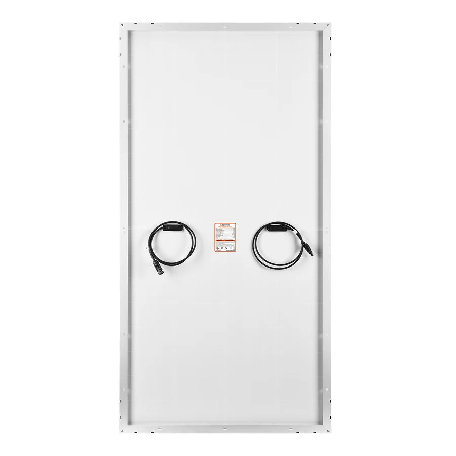 Back view of a rectangular solar panel with a white surface, two black cables coiled and attached, and an orange label in the center. The thin silver frame creates a sleek border-radius effect around the panel, enhancing its modern appearance.