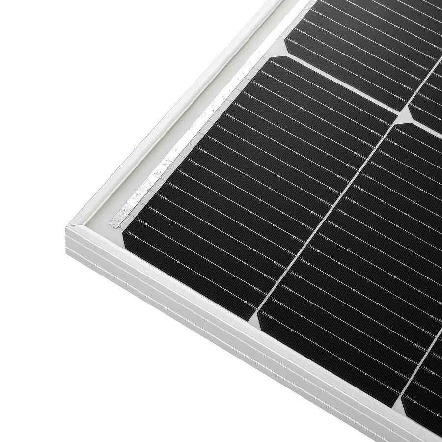 Close-up of the corner of a rectangular black solar panel with a white frame, showing the grid pattern and texture of the photovoltaic cells, accentuated by a subtle box-shadow effect along the crisp border-radius.