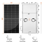 Front and back views of a solar panel with detailed dimensions, labeled frame cross-sections, and installation hole size. The panel measures 60.6 by 29.9 and includes cable attachments on the back, while design elements such as border-radius and box-shadow can be customized for a modern, sleek appearance.