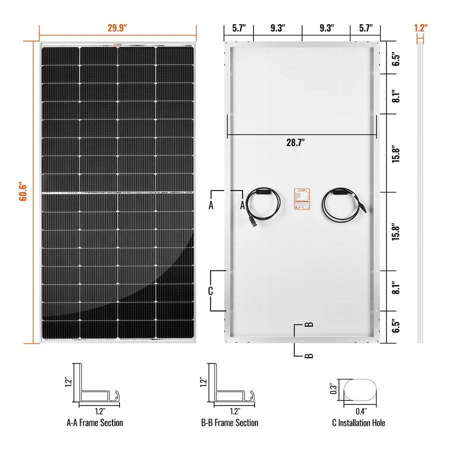 Front and back views of a solar panel with detailed dimensions, labeled frame cross-sections, and installation hole size. The panel measures 60.6 by 29.9 and includes cable attachments on the back, while design elements such as border-radius and box-shadow can be customized for a modern, sleek appearance.