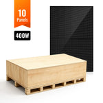 A wooden crate sits in front of a large black 400W monocrystalline solar panel featuring advanced Mono PERC Technology. An orange banner above reads 10 Panels, and below it says 400W in bold white text, highlighting its suitability for off-grid applications.