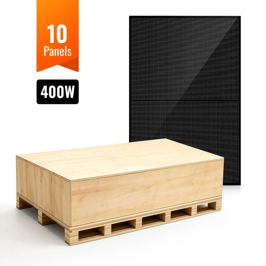 A wooden crate sits in front of a large black 400W monocrystalline solar panel featuring advanced Mono PERC Technology. An orange banner above reads 10 Panels, and below it says 400W in bold white text, highlighting its suitability for off-grid applications.