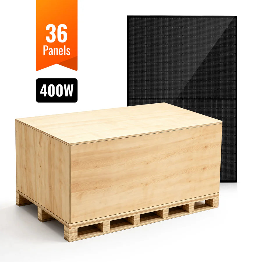 A wooden shipping crate on a pallet is shown in front of a black solar panel. A label reads 36 Panels, 400W. Featuring advanced Mono PERC Technology, each 400W Monocrystalline Solar Panel is ideal for off-grid applications.