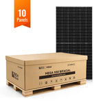 A box labeled Mega 550 Bifacial sits on a pallet next to a solar panel. An orange banner above the box reads 10 Panels, its edges highlighted with a subtle border radius effect, introducing soft curves that enhance the display. The design hints at modern touches like CSS color variables and font family choices that bring cohesion to the scene.