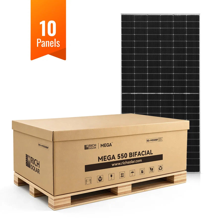 A box labeled Mega 550 Bifacial sits on a pallet next to a solar panel. An orange banner above the box reads 10 Panels, its edges highlighted with a subtle border radius effect, introducing soft curves that enhance the display. The design hints at modern touches like CSS color variables and font family choices that bring cohesion to the scene.