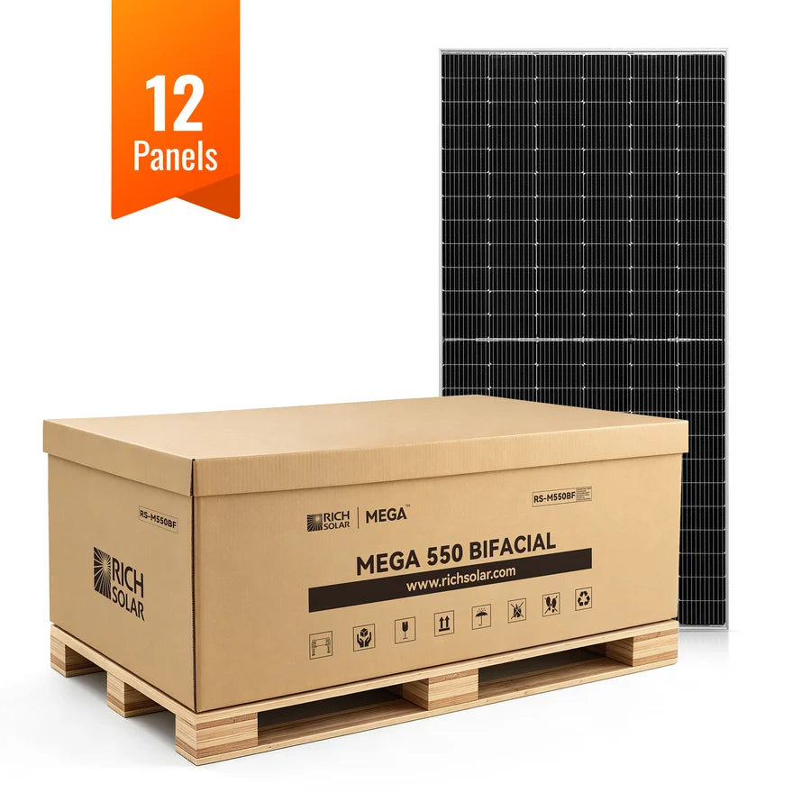 Large cardboard box on a pallet labeled MEGA 550 BIFACIAL with the Rich Solar logo; next to it stands a single solar panel. An orange banner above reads 12 Panels. There are no relevant SEO keywords present in the provided product description, as it only contains CSS code and style information, not descriptive product text.