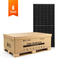 A cardboard box labeled MEGA 550 BIFACIAL sits on a pallet, with a large black solar panel standing upright behind it. An orange sign above the box reads 8 Panels. The display area features subtle css theme colors and text set in sleek Manrope font for a modern, cohesive look.