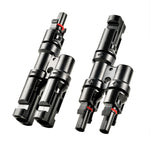 Two pairs of black Rich Solar MC4 connectors with red sealing rings, arranged side by side on a white background—ideal for Off-Grid Solar Kits or connecting Lithium Batteries and Hybrid Solar Inverter systems.