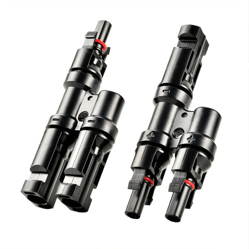 Two pairs of black Rich Solar MC4 connectors with red sealing rings, arranged side by side on a white background—ideal for Off-Grid Solar Kits or connecting Lithium Batteries and Hybrid Solar Inverter systems.