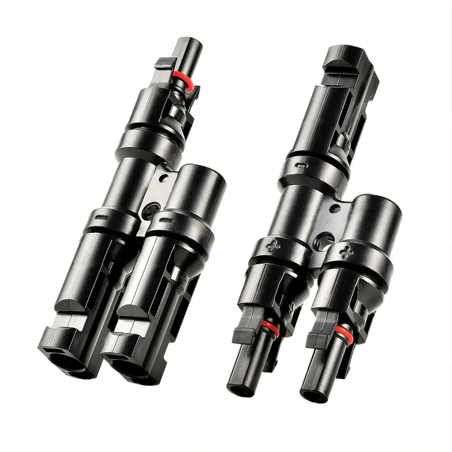 Two pairs of black Rich Solar MC4 connectors with red sealing rings, arranged side by side on a white background—ideal for Off-Grid Solar Kits or connecting Lithium Batteries and Hybrid Solar Inverter systems.