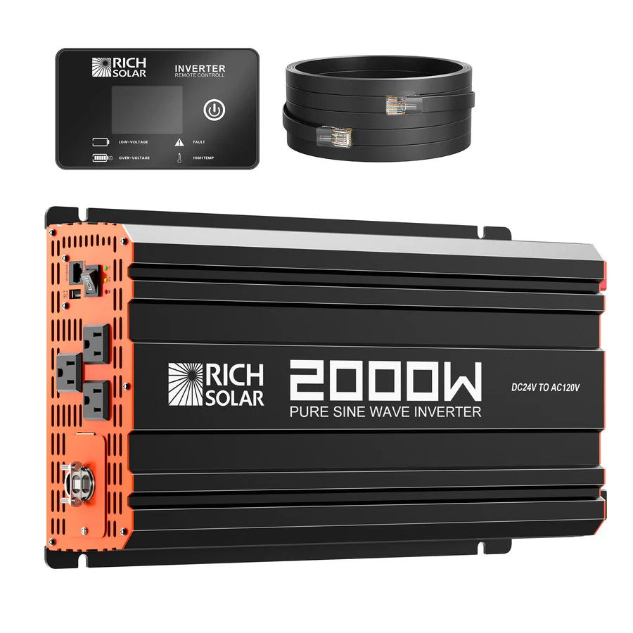 The Rich Solar black and orange 2000W power inverter converts 24V DC to 120V AC, includes a remote control panel and two black cables—perfect for running household AC devices.