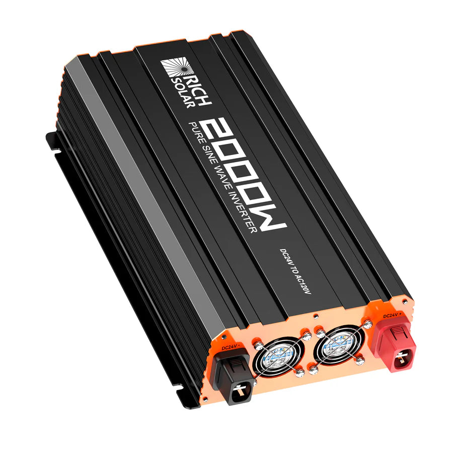 The Rich Solar black and orange 2000W pure sine wave inverter (DC12V to AC120V) features input/output terminals and dual cooling fans on one end, ideal for running household AC devices. DC12V TO AC120V is printed on the case.