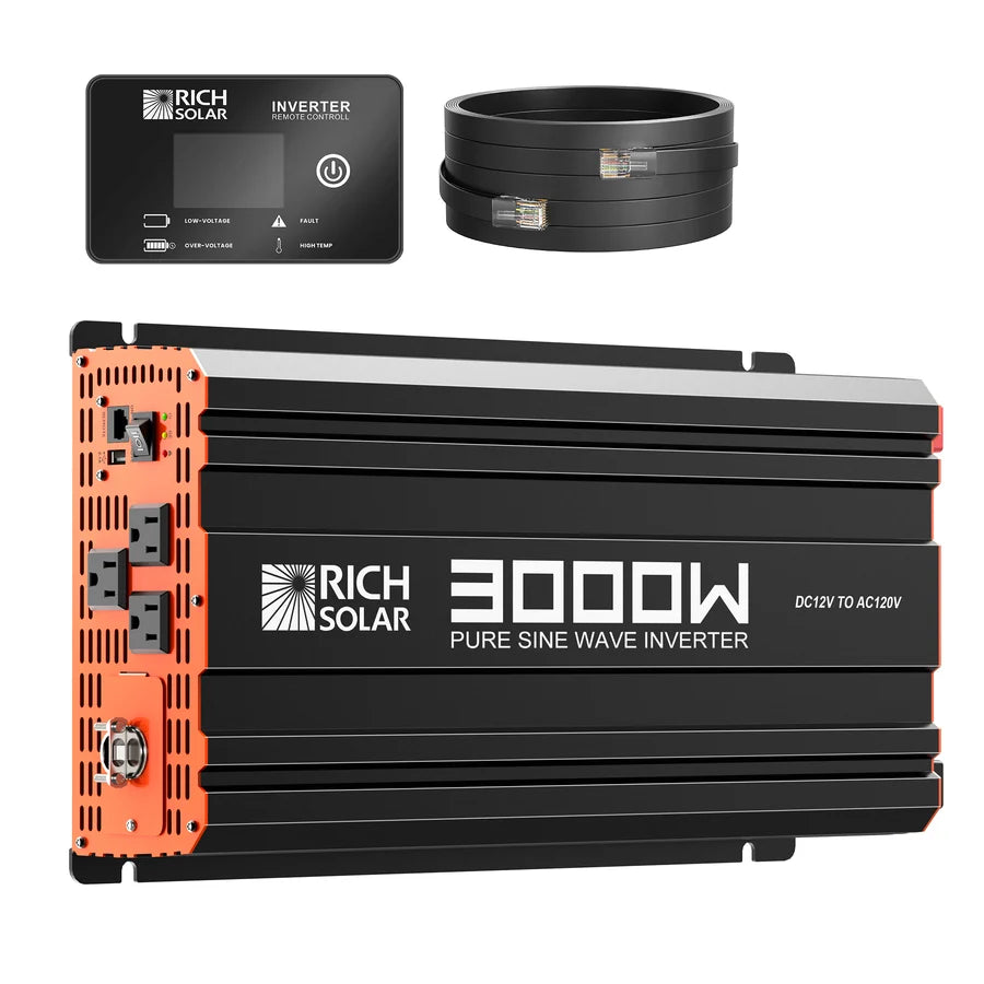 Rich Solar 3000W pure sine wave inverter kit shown with a control panel, two black cables, and the main inverter unit labeled DC12V to AC120V. For a cohesive and modern look in your technical documentation or product listings, consider using Manrope font and CSS variables to present specifications and key details seamlessly.