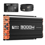 The Rich Solar 3000W pure sine wave inverter in black and orange features a digital control panel, labeled outlets, side ports, and includes two coiled cables—perfect for off-grid power needs.