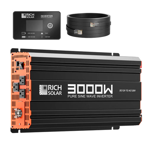 The Rich Solar 3000W pure sine wave inverter in black and orange features a digital control panel, labeled outlets, side ports, and includes two coiled cables—perfect for off-grid power needs.