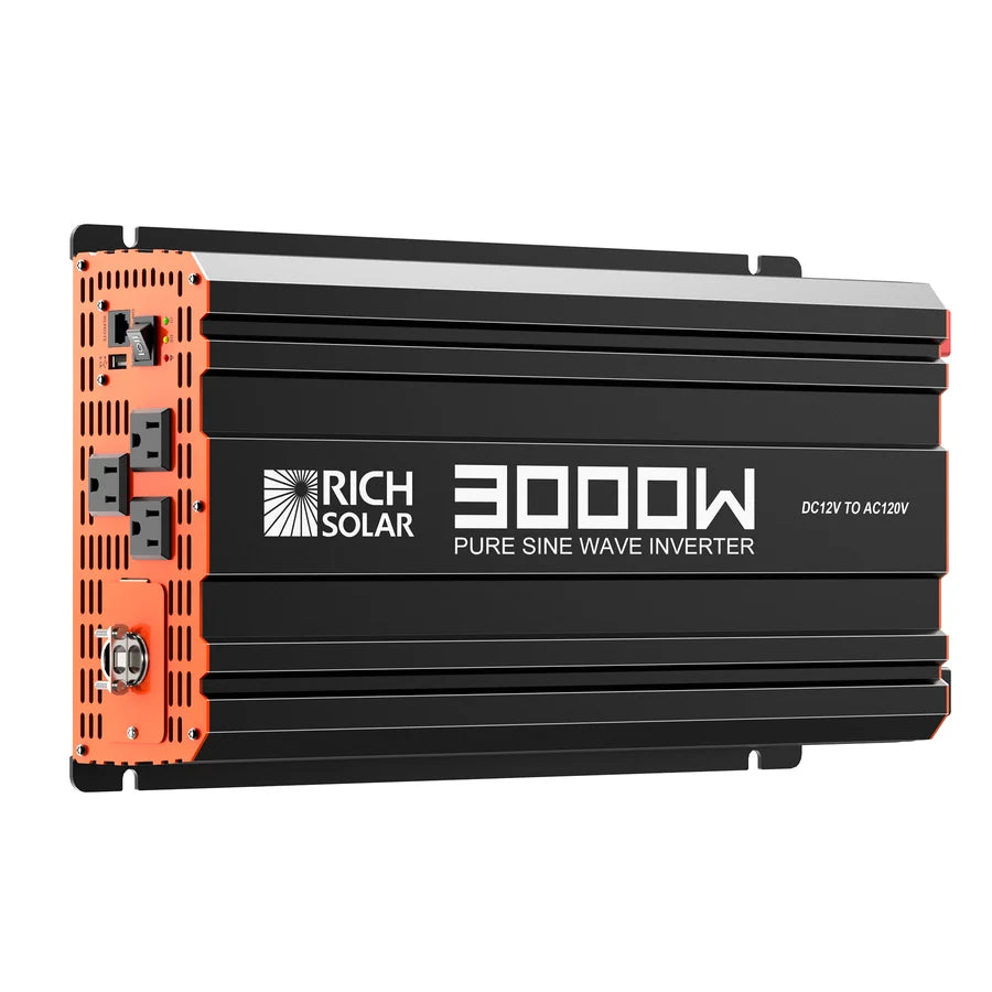 A black and orange Rich Solar 3000W pure sine wave inverter, model DC12V to AC120V, featuring power outlets and connection ports on the side—its bold design would pair seamlessly with modern interfaces using the Manrope font for a clean, contemporary aesthetic.