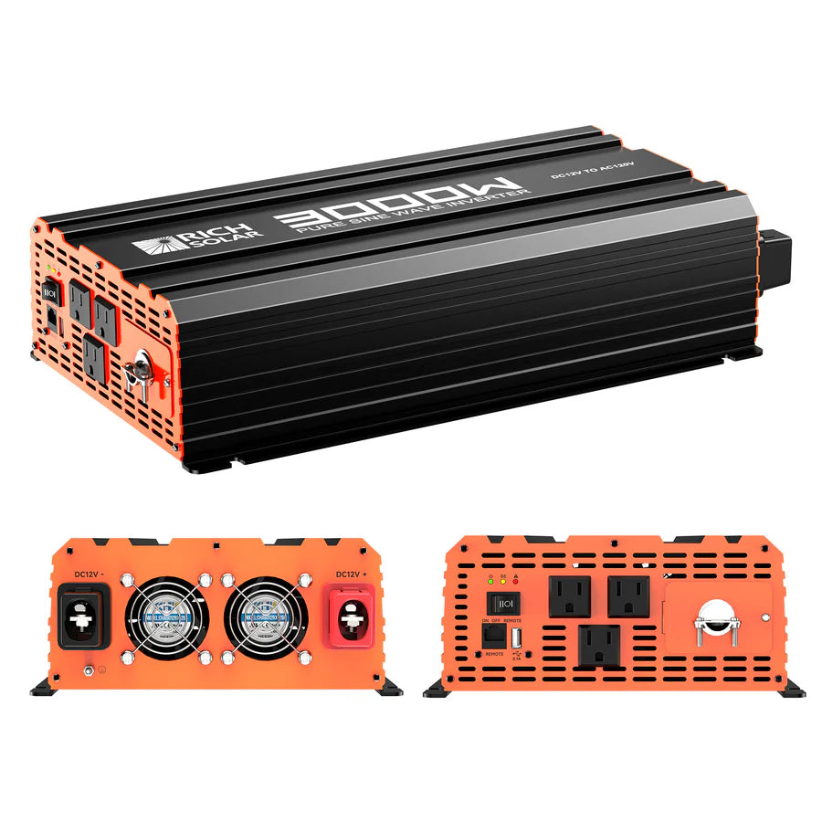 The Rich Solar black and orange 3000W power inverter features cooling fans, three AC outlets, USB ports, a 12V DC outlet, input/output terminals, and is ideal for off-grid use. The product is shown from multiple angles.